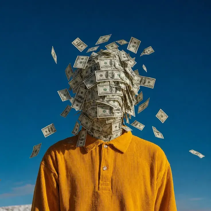 Figure in a yellow shirt whose head is made of hundred-dollar bills