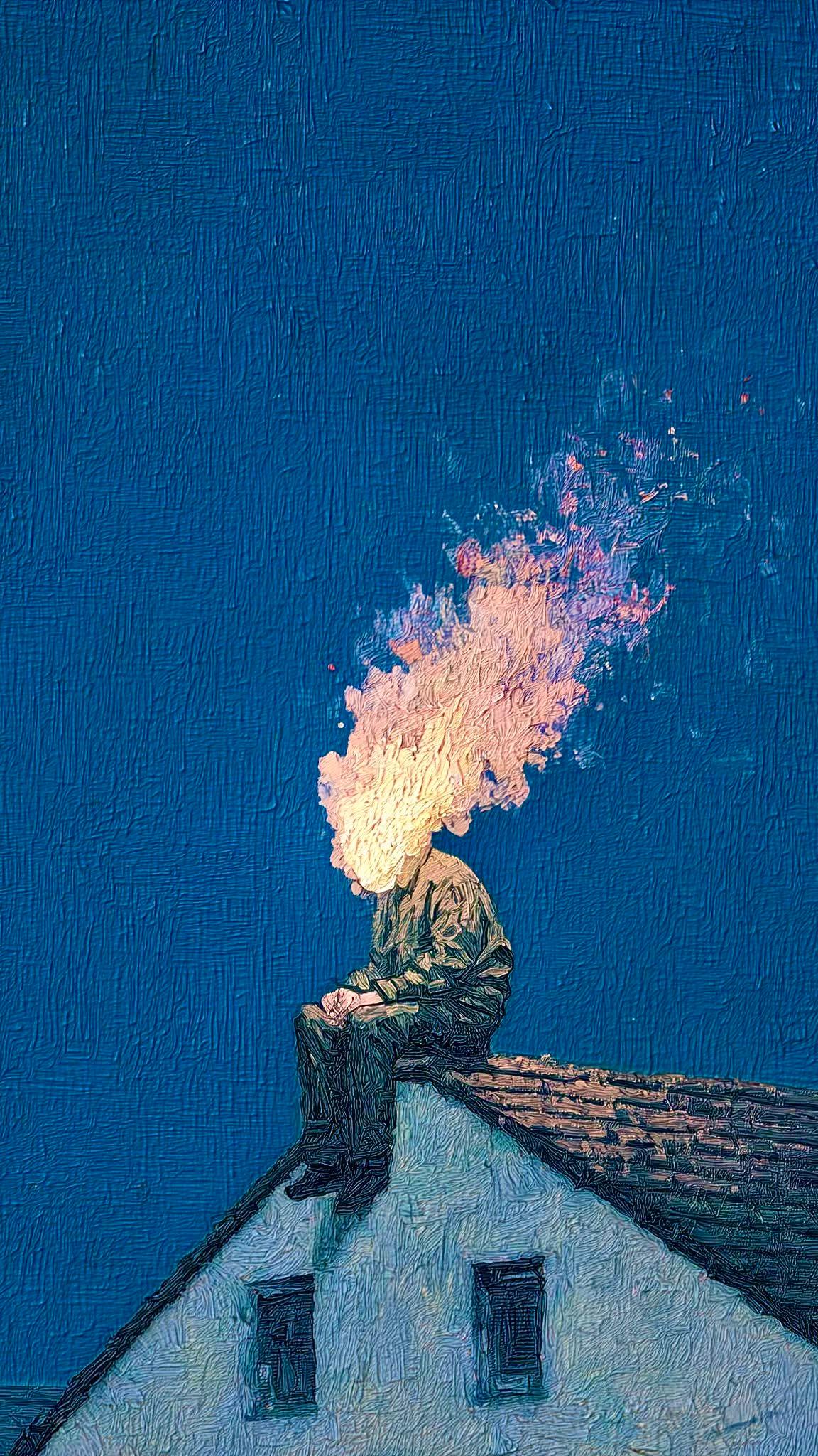 Painting of a figure slumped on a rooftop, head burning against a deep blue sky