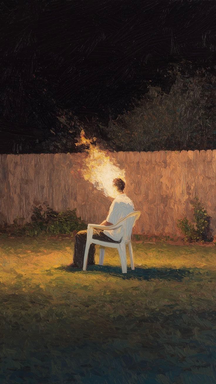 Painting of a man seated in a backyard chair with his head on fire