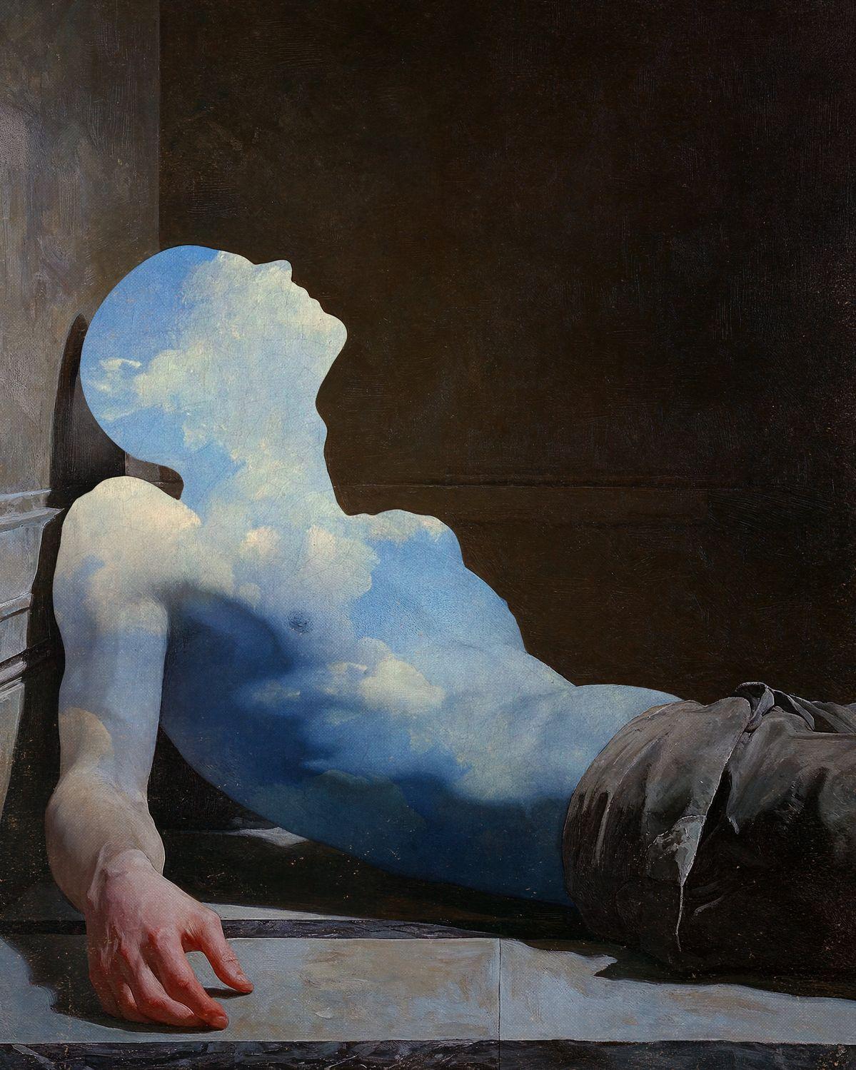 Classical painting of a collapsed figure whose body opens onto a blue sky with clouds